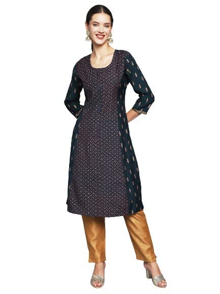 anubhutee Women's Rayon Teal Geometric Printed A-Line Kurta