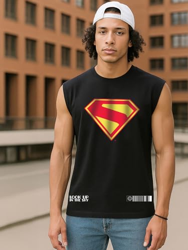 Bewakoof Official DC Merchandise Superman Mens Graphic Printed Oversized Fit Sleeveless Round Neck Pure Cotton Vest_677732_Blac