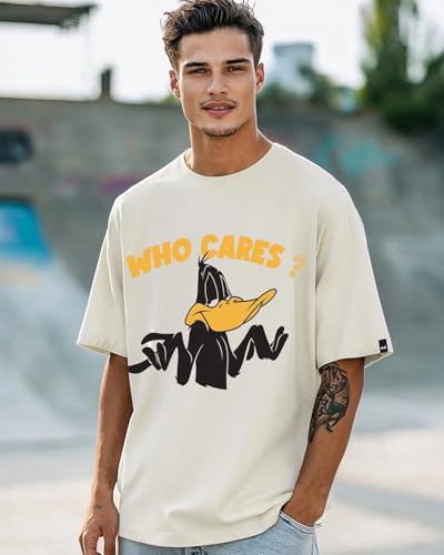 Bewakoof Official Looney Tunes Merchandise Daffy Duck MenS Graphic Print Oversized Fit Half Sleeve Round Neck Cotton Jersey T-S