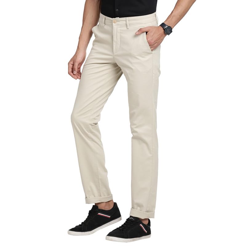 Turtle Men Cotton Stretch Cream Solid Ultra Slim Fit Casual Trouserss
