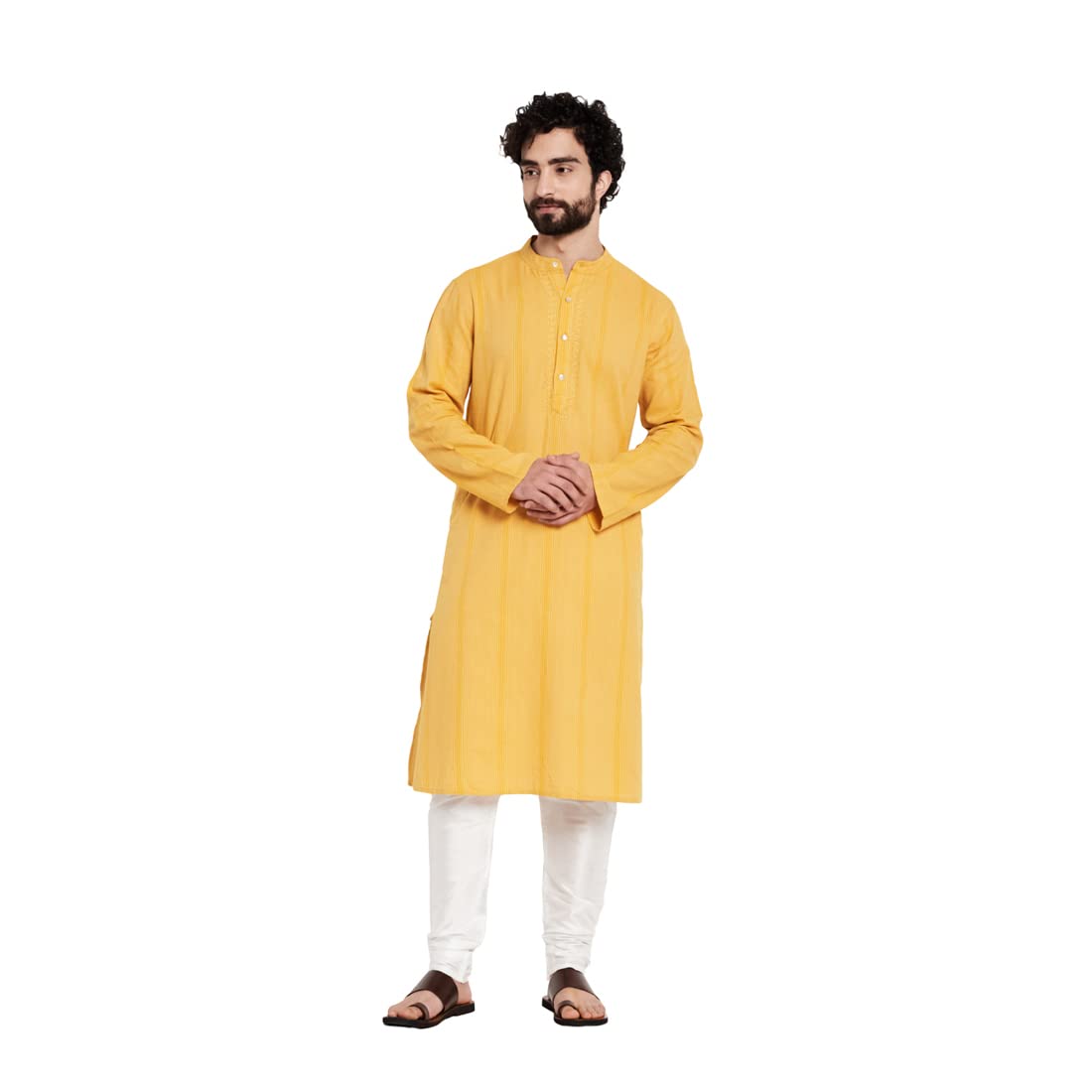 Fabindia Men Chikankari Long Kurta Cotton_M Yellow