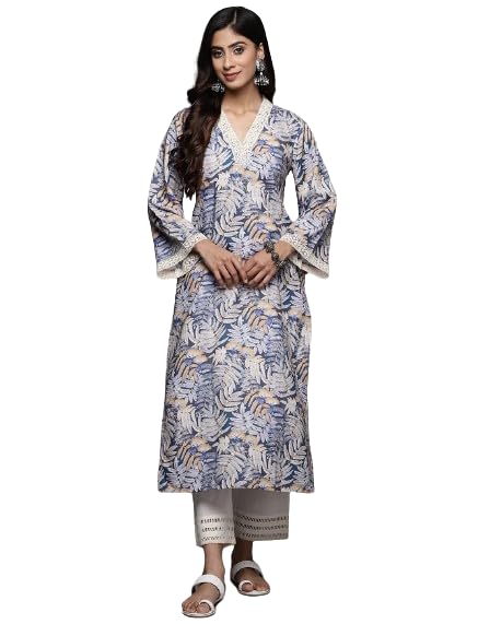 Blue Tropical Printed V-Neck with Cotton Lace, Three Quarter Flared Sleeves Straight Kurta with Side Slits