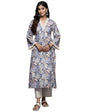 Blue Tropical Printed V-Neck with Cotton Lace, Three Quarter Flared Sleeves Straight Kurta with Side Slits