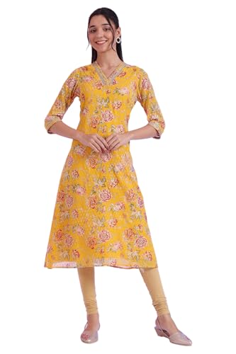 Aurelia Women's Yellow Printed A-Line Kurta
