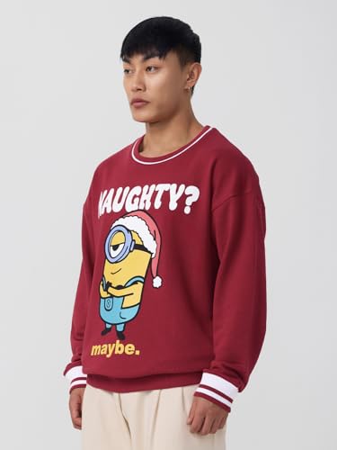 The Souled Store Minions: Naughty Men and Boys Long Sleeves Round Neck Red Graphic Printed Cotton Blend Oversized Sweatshirts