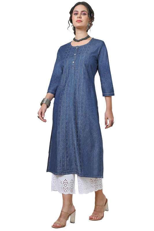 Soch Womens Indigo Kantha Stitch Cotton Blend Kurta