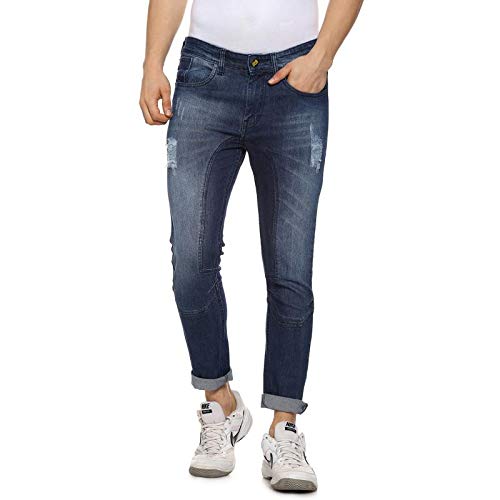 Campus Sutra Mens Navy Blue Lightly Distressed Denim Jeans for Casual Wear | Dark-Wash | Button Closure | Regular Fit | Denim J