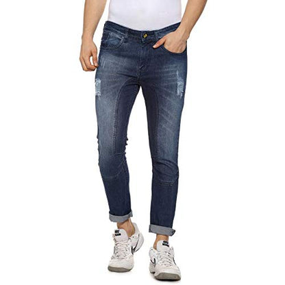 Campus Sutra Mens Navy Blue Lightly Distressed Denim Jeans for Casual Wear | Dark-Wash | Button Closure | Regular Fit | Denim J