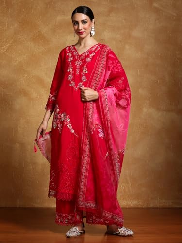 Varanga Women Floral Heavy Thread Embroidered Schffili Hem Kurta With Trouser & Dupatta