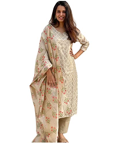 GoSriKi Womens Cotton Blend Embroidered Straight Kurta with Pant & Dupatta (MYSURU-Cream_L-GS_Cream_Large)