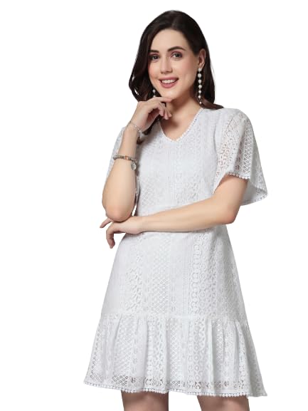 Style Quotient Women Smart Casual White Knee-Length Lace Dress