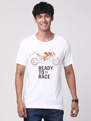 ADRO Men's Biker Design Printed 100% Cotton T-Shirt - Regular Fit, Printed T-Shirts for Men (RN24-KTM-WH_White)