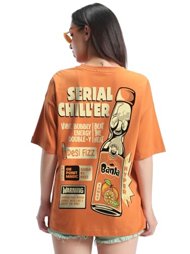 Bewakoof Original Women Graphic Print Oversized Fit Half Sleeve Round Neck Pure Cotton T-Shirt_666411_Orange_S