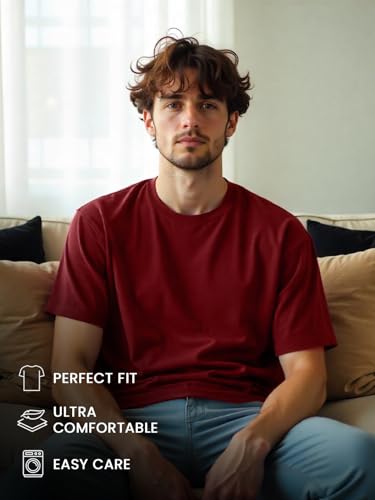 Nobero MenS Solid Oversized Fit T-Shirt (1M-Twrt-R0002_White/Wine Red