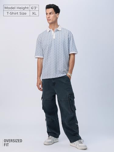 The Souled Store Oversized Polos: Dusk Men and Boys Short Sleeves Collared Neck Geometric Pattern Breathable Comfortable All-Sea