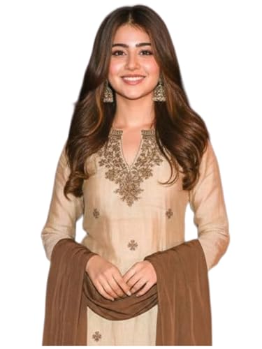 ANNI Designer Womens Viscose Blend Embroidered Straight Kurta with Pant & Dupatta (Nilakshi Cream_XL_Cream_X-Large)