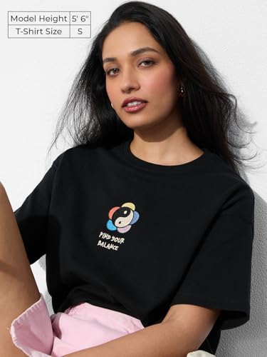The Souled Store Textured T-Shirt: Find Your Balance Women and Girls Short Sleeves Round Neck Black Embroidered Cotton Relaxed F