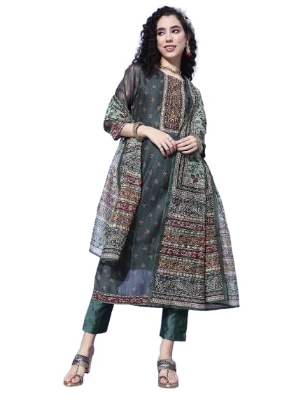 VARANGA Women Grey Paisley Printed Kurta Paired With Tonal Bottom And Thread Embroidered Dupatta