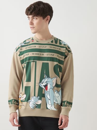 Bewakoof Official Tom & Jerry Merchandise Mens Graphic Printed Oversized Fit Full Sleeve Round Neck Polycotton Sweatshirt_64462