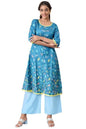 Aurelia Women's Blue Floral Printed A-line Kurta and Palazzo Set (Size: S)-ONVAS13372-504127