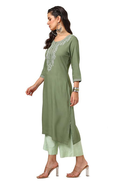 Soch Womens Olive Rayon Embroidered Kurta