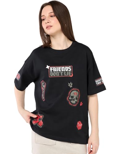 Bewakoof Heavy Duty 1.0 Official Stranger Things Merchandise Women Graphic Print Oversized Fit Half Sleeve Round Neck Pure Cotto