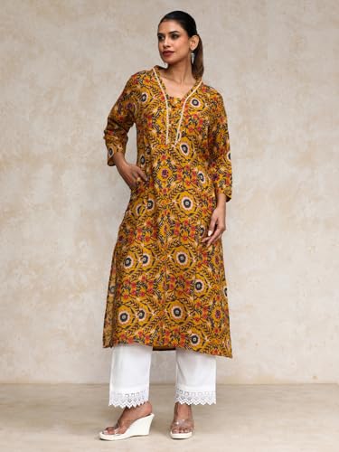 Varanga Women Ethnic Jaipuri Printed V Neck A-Line Kurta Yellow
