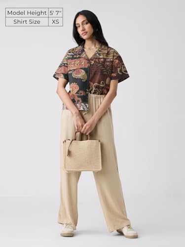 The Souled Store Panchatantra Women and Girls Short Sleeves Collared Neck Button Front Brown All Over Printed Oversized Fit Cott