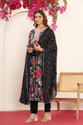 VARANGA Women Black Floral Printed Embroidered V-Neck Alia Cut Kurta Paired With Tonal Dupatta