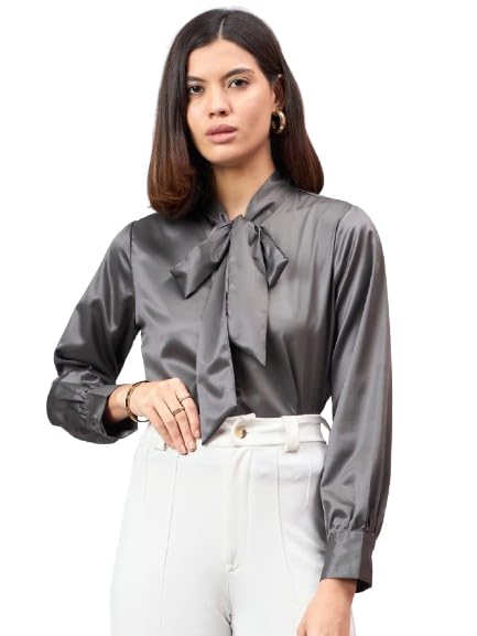 Style Quotient Women Solid Slate Grey Satin Tie up Regular Formal Shirt