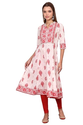 Aurelia WomenS White Abstract Printed Pure Cotton Anarkali Festive Kurta With Lace (Size: S)-A16099-509646