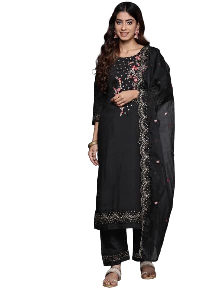 VARANGA Women Black Thread And Sequins Embroidered Kurta With Bottom And Dupatta