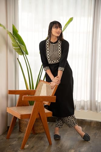 Lookmark WomenS 3/4 Sleeve Solid Black Color Kurti Pant Set, Cotton Blend, Knee Length, Stylish Ethnic Outfit, Office, And Casu