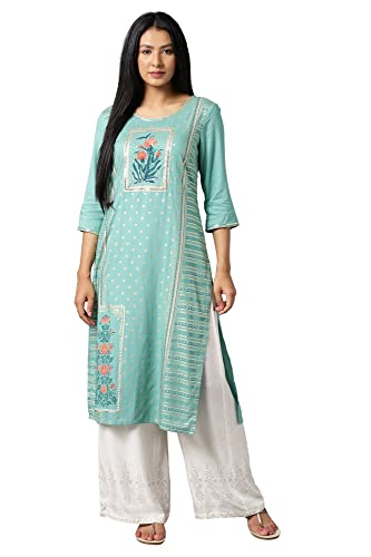 Aurelia Women? Mughal Printed Thread Embroidery Straight Kurta | Lightweight Round Neck Kurta for Women | Mughal Printed Kurta for Women | Beautiful Regular Fit Kurta for Women