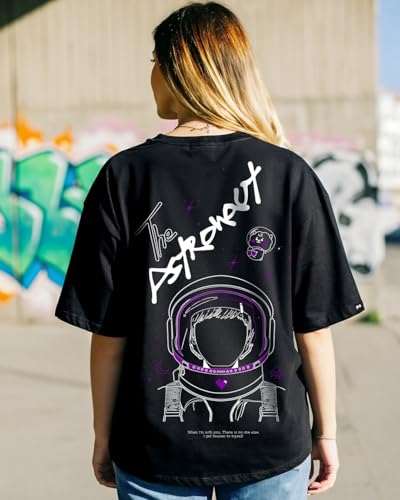 Bewakoof Womens BTS Astro (JIN) Graphic Print Black Round Neck Short Sleeve Oversized Fit T-Shirt