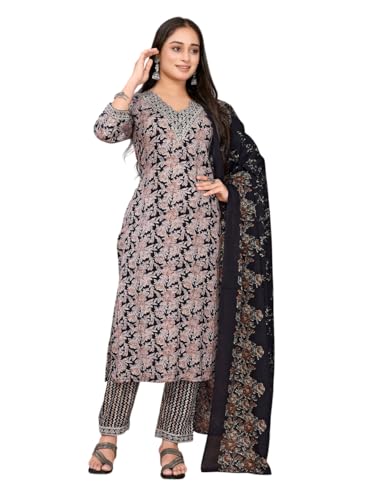 rangita Black Rayon Embroidered Straight Calf Length Kurta with Pant and Dupatta | Kurta Set for Women