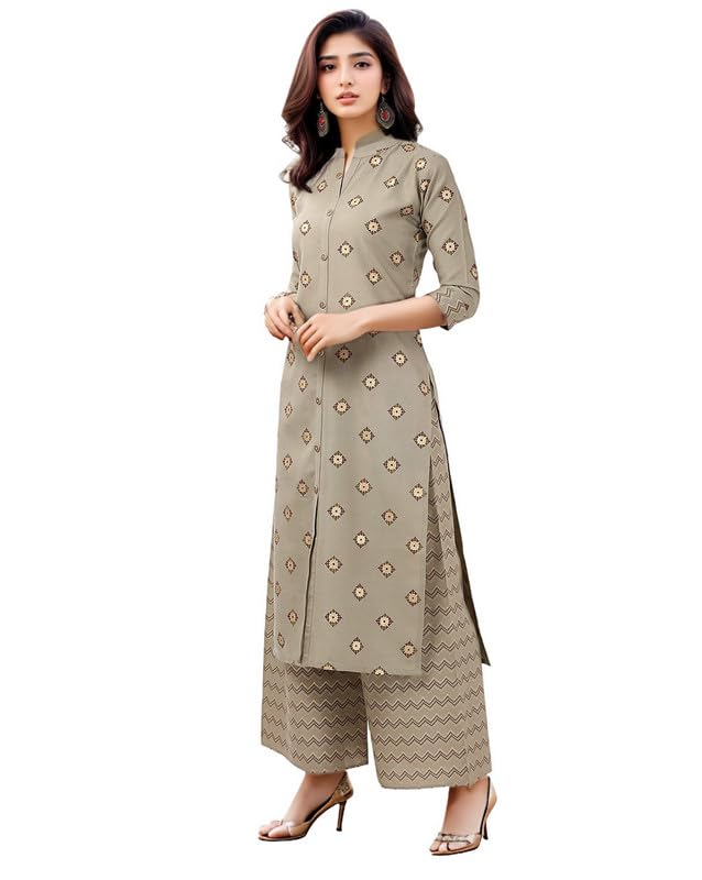 SMOWKLY Premium Womens Cotton Blend Motif Chevron Print Kurta Palazzo Set || Regular Fit 3/4 Sleeve Chinese Collar || Modern Et