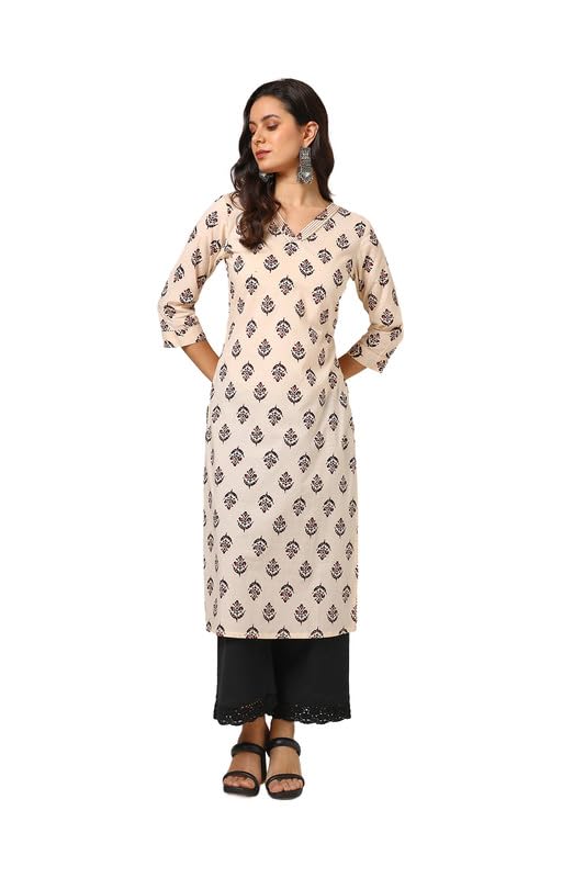 Soch Womens Beige Cotton Botanical Print Kurta With Gotta Patti