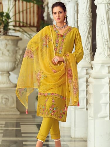 Varanga Women Floral Motif Thread Embroidered & Orangza Lace Detailed Kurta With Trouser & Dupatta