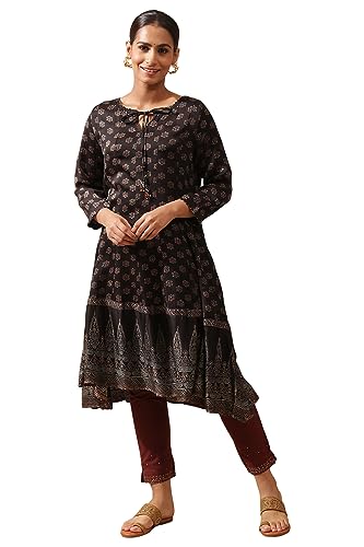 W for Woman Black Ajrakh Print Kalidar Kurta