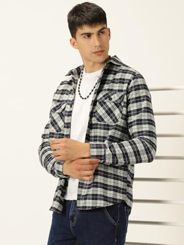 Thomas Scott Mens Smart Slim Fit Full Sleeves Flannel Checks Casual Shirt Green