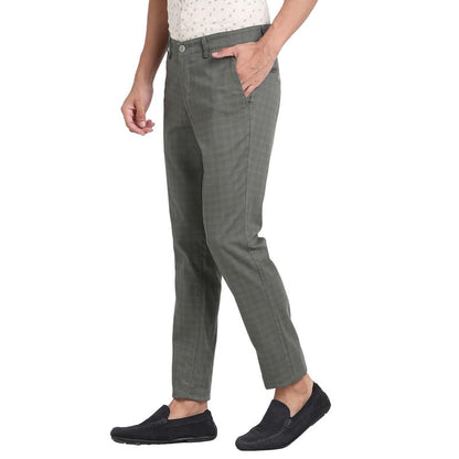 Turtle Men Cotton Stretch Olive Checkered Narrow Fit Flat Front Casual Trouser