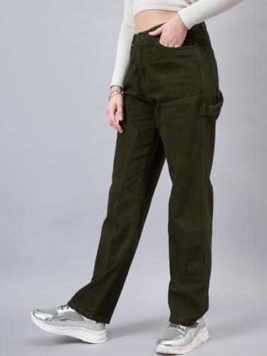 Style Quotient Women Relaxed Fit High Rise Carpenter Jeans Olive