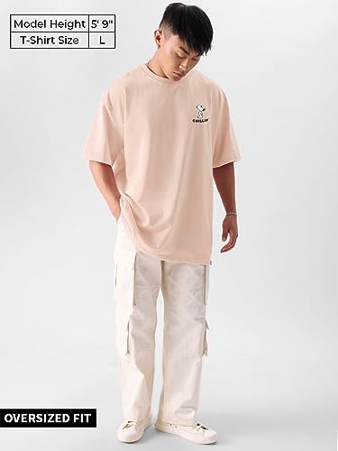 The Souled Store|Mens & Boys Official Round Neck|Peanuts Chillin Pink Color Printed|Half Sleeve Oversized|100% Cotton T-Shirts