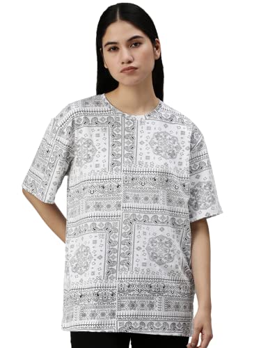 Veirdo Womens Oversized Loose Fit Relaxed Fit Wide Fit 100% Cotton Paisley Printed Short Sleeve Colour T-Shirt/