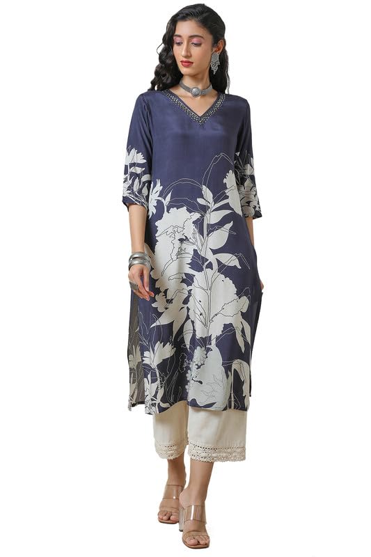 Soch Womens Navy Blue Botanical Print Viscose Muslin Kurta