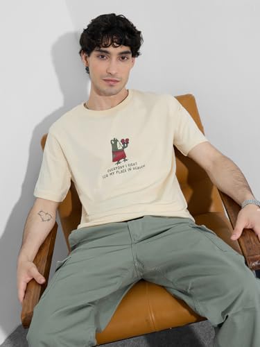 The Souled Store Graphic T-Shirt: Place in Heaven Men and Boys Short Sleeves Round Neck Light Beige Graphic Printed Cotton Relax
