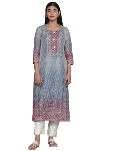 Libas Grey Printed Chanderi Silk Straight Kurta