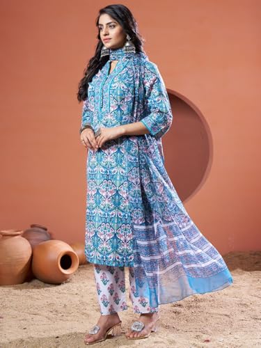 GRECIILOOKS Cotton Blend Floral with Dupatta Kurti Festive Set for Women | Regular Fit Kurta