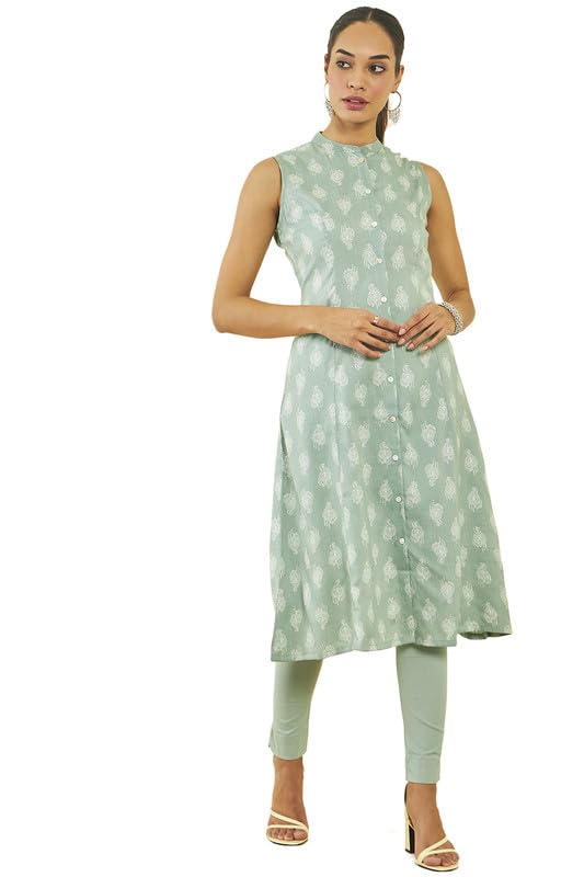 Soch Womens Green Rayon Paisley Print Sleeveless A-Line Kurta With Pocket